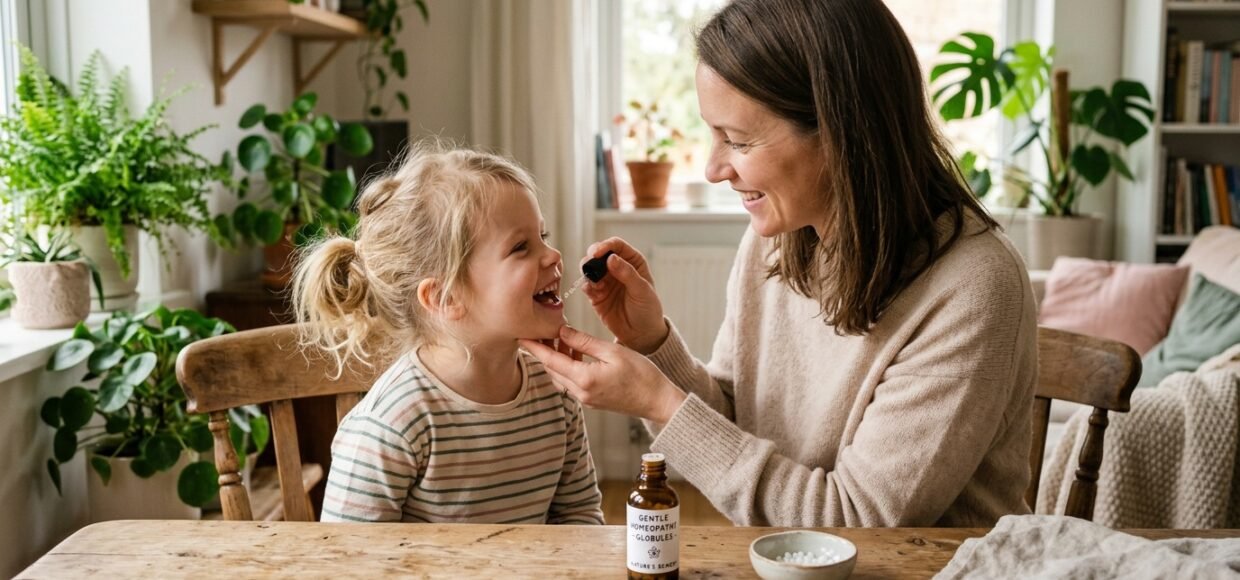 A caring parent giving gentle homeopathic medicine to a smiling child