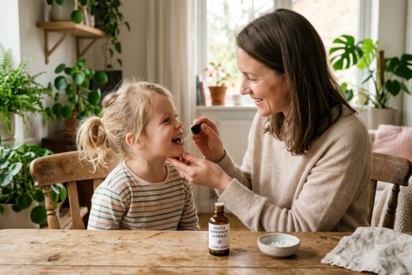 A caring parent giving gentle homeopathic medicine to a smiling child