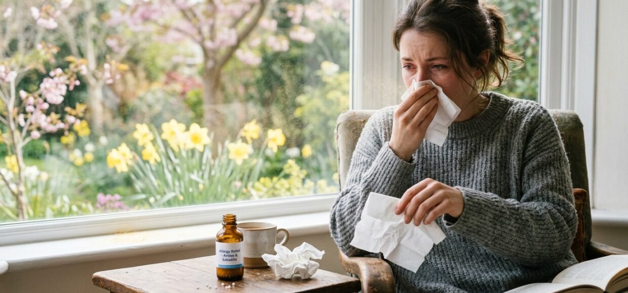 A person suffering from seasonal allergies sneezing with tissues while sitting