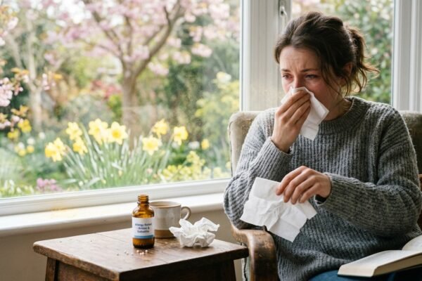 A person suffering from seasonal allergies sneezing with tissues while sitting
